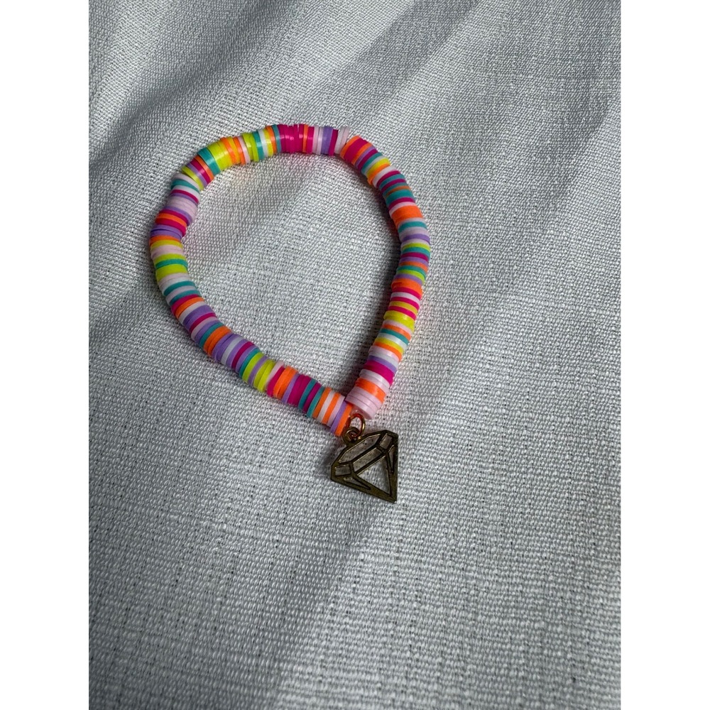 Handmade Rainbow Heishi Bead Stretch Bracelet with Bronze Diamond Charm